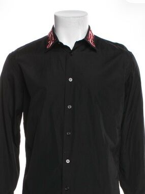 Alexander McQueen Black Dress Shirt with Red Embroidered Collar